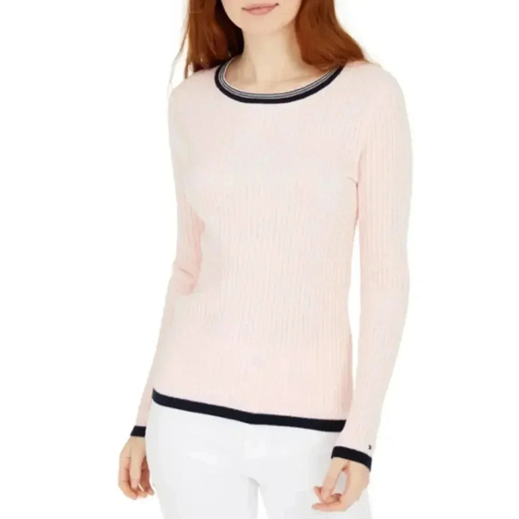 NEW Tommy Hilfiger Cable-Knit Sweater Contrast-Trim Light Pink Black Womens XL - Picture 1 of 7